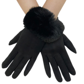 Faux Fur Trim Suede Touch Gloves - Black